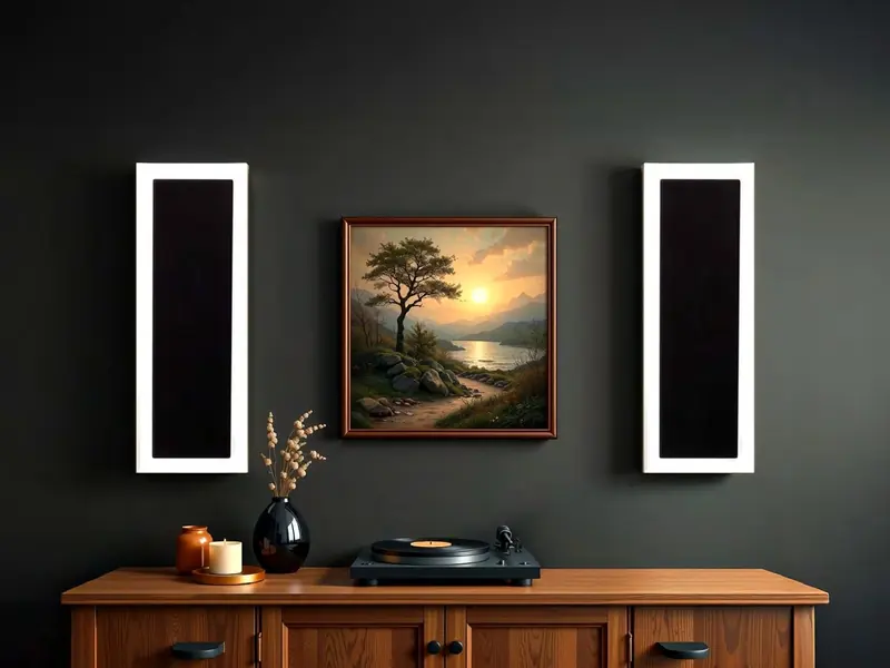 Two slim flat speakers mounted on a dark wall either side of a painting