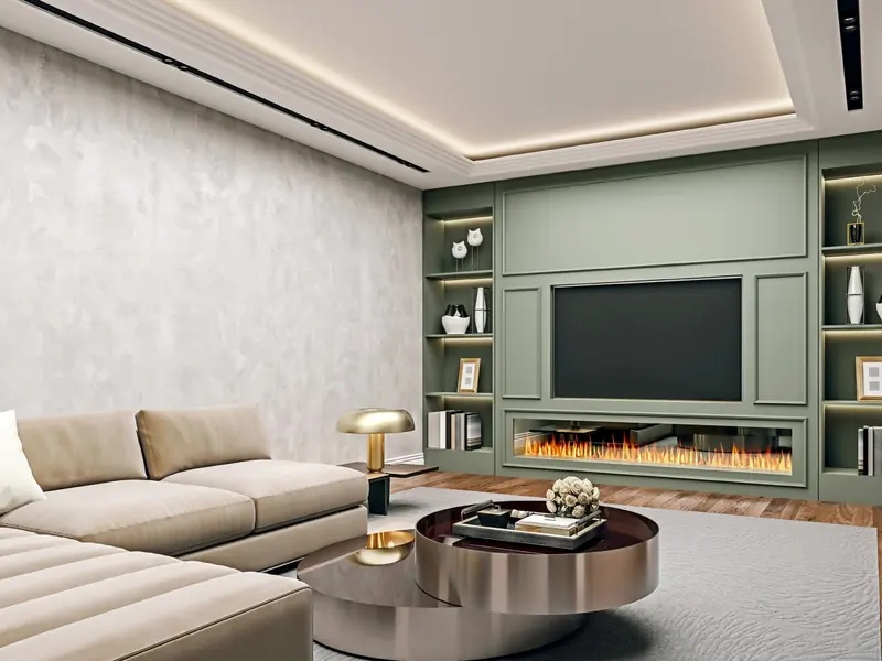Living room with plain walls and ceiling hiding invisible speakers
