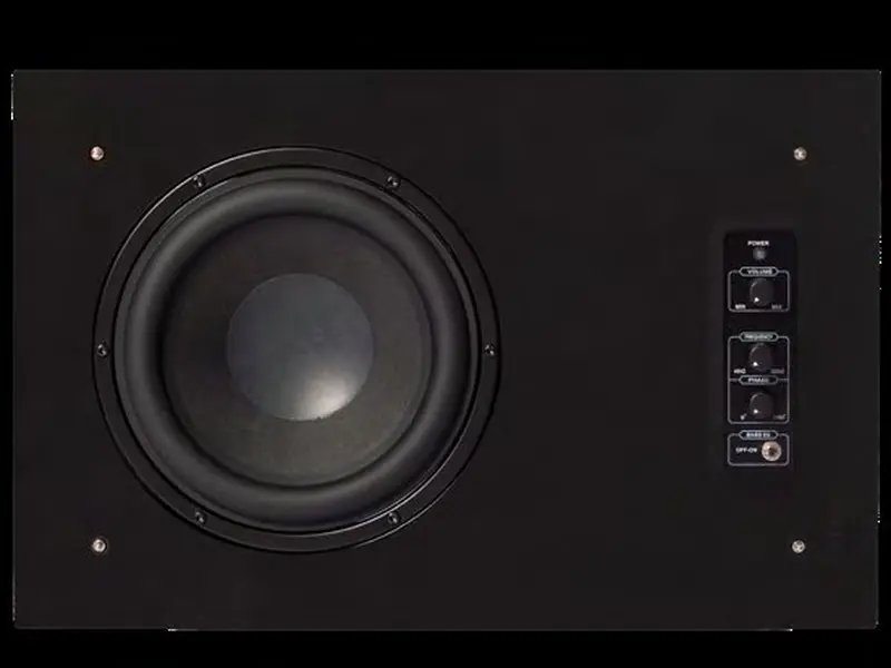 Slim black wall subwoofer with control panel