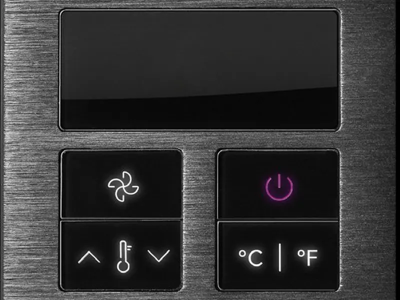 Brushed-metal thermostat keypad with fan, temperature and power buttons
